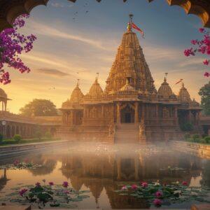 A majestic North Indian temple complex at sunrise, featuring a towering main shikhara (spire) in classical Nagara style with intricate carved details and multiple smaller spires in graduating heights. The temple is made of golden-hued sandstone with ornate sculptural work depicting celestial beings and divine stories. In the foreground, a serene reflection pool mirrors the temple, surrounded by blooming lotus flowers in soft pink and white. The scene is enhanced by morning mist creating an ethereal atmosphere, with rays of sunlight filtering through, casting dramatic shadows. Architectural elements include elaborate jharokhas (overhanging enclosed balconies), mandapa (pillared hall) with intricate geometric patterns, and detailed relief carvings of traditional Hindu motifs. The temple grounds feature symmetrical gardens with flowering trees and traditional deepa-stambhas (lamp posts). The color palette combines warm sandstone gold, deep maroons, and cool morning blues. Art style merges hyperrealistic architectural details with mystical Indian traditional art elements, creating a seamless blend of historical accuracy and spiritual ambiance. The entire scene is framed by ornate stone archways and flowering champak trees.