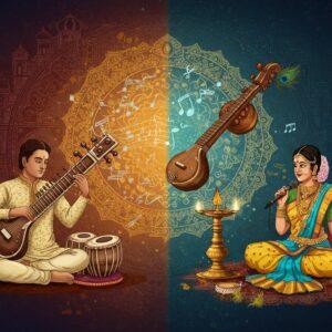 A stunning split composition showing two contrasting yet harmonious musical scenes: On the left, a North Indian classical musician playing an ornate sitar in cross-legged position, wearing a cream-colored kurta with gold embroidery, against a backdrop of intricate Mughal architecture patterns in deep maroon and gold. On the right, a Carnatic vocalist in a traditional silk saree (peacock blue and gold) with jasmine flowers in her hair, seated before a bronze lamp and traditional kolam patterns in warm saffron tones. Between them, a ethereal golden mandala seamlessly merges, containing swirling musical notes and traditional Indian musical symbols. The scene features floating instruments - tabla, veena, tambura, and mridangam - each emitting soft, glowing auras in pastel pink and blue. Mystical light streams through the composition, while stylized lotus flowers and peacock feathers frame the edges. The artwork combines Madhubani's intricate detailing with modern digital art techniques, creating a surreal, spiritual atmosphere. The background showcases a gradient from deep midnight blue to warm gold, with subtle sacred geometry patterns.