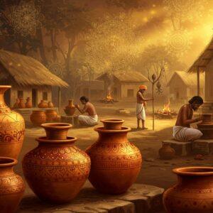 A detailed archaeological scene showing ancient Indian potters crafting ochre-colored vessels in a traditional workshop, illuminated by warm golden sunlight. In the foreground, intricately painted terracotta pots with geometric Vedic patterns and symbols in rich ochre, burnt orange, and deep red hues. The background features a stylized interpretation of an ancient Indian settlement with thatched roof houses and sacred fire altars. Floating mandalas and sacred geometry patterns overlay the scene in subtle golden light. The composition includes delicate lotus motifs and traditional Madhubani border patterns. The lighting is mystical with soft glowing highlights emphasizing the pottery's surface texture. The color palette focuses on earthy terracotta, ochre, saffron, and warm browns with touches of celestial blue. The scene is rendered in a fusion of traditional Indian miniature painting style and modern digital art techniques, with meticulous attention to archaeological accuracy and period details.