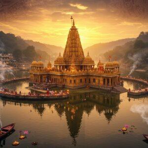 A majestic aerial view of Omkareshwar temple on an Om-shaped island, situated at the confluence of rivers Narmada and Kaveri, captured during golden sunset. The temple architecture features intricate Nagara-style details with multiple shikhars, rendered in rich gold and saffron hues. The main Jyotirlinga shrine glows with divine ethereal blue light emanating from within. Sacred water reflects the temple's image, creating perfect symmetry. The scene includes floating diyas and lotus flowers in the foreground water. Mystical smoke from ritual fires rises in spiral patterns, merging with soft clouds. Small boats with pilgrims dot the riverbank. The background features detailed Madhubani-style patterns of celestial elements and mandalas in deep maroon and peacock blue. Soft glowing orbs of light hover around the temple structure. The entire composition has a surreal, spiritually uplifting quality with a perfect blend of photorealistic architecture and traditional Indian art elements. The lighting creates a dramatic interplay of golden hour warmth and divine blue aura.