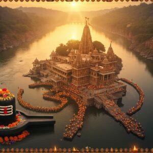 A majestic aerial view of Omkareshwar temple complex on the sacred Narmada river, shaped like the sacred Om symbol from above, during golden sunset. The temple's intricate architecture features detailed Nagara-style spires with ornate carvings in warm sandstone. The scene shows the island's natural formation with the Narmada river splitting into two streams, creating the sacred island. Glowing diyas float on the serene river waters, creating patterns of light. In the foreground, a highly detailed black Shiva lingam adorned with gold patterns, flowers, and bilva leaves, emanating a subtle divine aura. The background features ethereal mist rising from the river, with soft rays of light filtering through it. Traditional Madhubani-style patterns frame the scene, incorporating motifs of Nandi, trishul, and damru. The color palette includes deep oranges, sacred saffron, rich browns, and peaceful blue tones of the river water. The lighting is dramatic and spiritual, with god rays emerging from behind the temple spires. Highly detailed digital art with photorealistic elements, maintaining a mystical and surreal atmosphere.