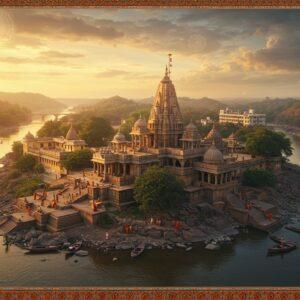 A serene aerial view of Omkareshwar Temple complex on the sacred Narmada River island, shaped like the sacred Om symbol, during golden sunset hours. The temple's ancient Nagara-style architecture features intricate stone carvings and towering shikhara glowing in warm light. The surrounding landscape shows a mix of traditional dharamshalas with red-tiled roofs and modern hotels with balconies, nestled among lush trees. The river flows gracefully around the island, creating a natural boundary with small boats dotting its surface. The scene is rendered in a fusion of traditional Madhubani art style with modern digital aesthetics, featuring rich gold, saffron, and deep blue tones. Soft glowing mandalas float in the sky, while detailed patterns of lotus flowers and spiritual motifs adorn the borders. The lighting is ethereal with sun rays filtering through clouds, creating a mystical atmosphere. Small groups of pilgrims in traditional Indian attire can be seen walking on the ghats, hyperrealistic with a dreamy quality, cinematic composition, detailed architecture, photorealistic textures.