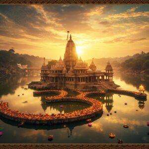 A majestic aerial view of Omkareshwar Temple on its island in the Narmada River, shaped like the sacred Om symbol, during golden sunset hours. The temple's North Indian Nagara-style architecture is rendered in intricate detail, featuring its distinctive shikhara adorned with detailed stone carvings and sculptural elements. The temple complex reflects perfectly in the sacred river waters, creating a mirror image. The scene is enhanced with floating lotus flowers and diyas in the foreground water. Soft, glowing orbs of light hover around the temple, creating a mystical atmosphere. The color palette includes deep golds, rich browns, and peaceful blues, with hints of saffron. Sacred mandalas and geometric patterns float ethereally in the sky, while wispy clouds take forms of ancient Sanskrit architectural motifs. The lighting emphasizes the temple's architectural details, with warm sunrays filtering through the temple's jharokhas and archways. Photorealistic digital art style with Madhubani-inspired decorative elements in the borders. The scene captures both the spiritual essence and architectural grandeur of the temple.