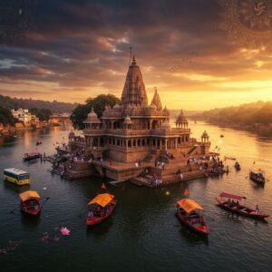 A majestic aerial view of Omkareshwar Temple on its island in the Narmada River, with the natural formation resembling the sacred Om symbol. The temple's traditional Nagara architecture style is depicted in intricate detail with its distinctive shikhara towering against a dramatic sunset sky in deep oranges and purples. Multiple transportation methods are shown approaching the temple - modern buses and cars on the bridge, traditional wooden boats with colorful canopies ferrying devotees across the holy waters, and a winding path with pilgrims walking. The scene features detailed Madhubani-style patterns in the water ripples, while the sky has ethereal mandala patterns in gold and saffron. The lighting is mystical with golden hour sun rays illuminating the temple spires. Traditional Indian architectural elements like stone carvings and stepped ghats leading to the river are highlighted with intricate details. The atmosphere combines both divine serenity and bustling activity, with soft glowing halos around the temple peaks and subtle lotus motifs floating in the water.