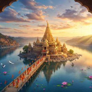 A majestic aerial view of Omkareshwar Temple situated on the sacred Mandhata island, shaped like Om symbol (ॐ), surrounded by the pristine blue waters of Narmada River. The temple's ancient Nagara-style architecture features intricate stone carvings, with its magnificent shikhara reflecting golden sunlight. The scene shows devotees in colorful traditional attire crossing the iconic bridge. In the foreground, a beautifully detailed stone archway frames the view, adorned with traditional Madhubani-style patterns and motifs. Sacred lotus flowers float on the river's surface, creating rippling reflections. The sky features a ethereal sunset with soft pastel oranges and purples, with gentle rays of light breaking through clouds, illuminating the temple complex. Flying doves add movement to the scene. Art style combines hyperrealistic architectural details with spiritual, ethereal lighting and traditional Indian artistic elements, rendered in rich colors of gold, saffron, and deep blues, enhanced by digital art techniques.