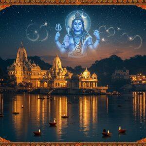 A majestic nighttime scene featuring the iconic Omkareshwar temple on an island, perfectly reflected in the sacred Narmada river's crystal-clear waters. The temple's distinctive architecture with its dual spires resembles the sacred Om symbol. In the background, the grand Mahakaleshwar temple rises tall, emanating a divine blue aura. Lord Shiva appears as a semi-transparent, ethereal figure, 12 feet tall, with four arms - upper right holding trishul, upper left holding damaru, lower right in abhaya mudra, lower left holding rudraksha mala. His form is adorned with a crescent moon, serpents, and tiger skin. The scene is illuminated by floating diyas on the river, creating golden reflections. Intricate Madhubani-style patterns frame the composition, featuring sacred symbols like trishuls, rudraksha beads, and Om symbols in metallic gold. The sky shows a cosmic display with stars forming jyotirlingas patterns. The overall color palette includes deep blues, burning golds, saffron, and silver moonlight, creating a mystical atmosphere. Ultra-detailed, photorealistic quality with elements of traditional Indian art, cinematic lighting, and volumetric god rays.