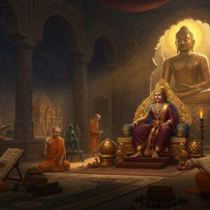 A majestic scene depicting a Pala-era royal court in intricate detail, featuring Emperor Dharmapala seated on an ornate golden throne adorned with Buddhist motifs and lotus patterns. He wears rich silk robes in deep maroon and gold, with period-accurate jewelry. Behind him stands a massive bronze Sarnath-style Buddha statue emanating a subtle golden glow. The court features detailed Pala-style architecture with carved pillars and arches in traditional Bengali style. In the foreground, Buddhist monks in saffron robes study manuscripts while skilled artisans work on intricate bronze sculptures. The scene includes detailed elements of Pala art - miniature paintings, manuscripts with Buddhist text, and metal craftwork. The lighting is dramatic with warm golden rays filtering through ornate windows, creating a mystical atmosphere. The color palette focuses on rich jewel tones - deep blues, burgundy, gold, and saffron. The entire scene is rendered in a fusion of traditional Pala art style with modern digital aesthetics, incorporating both historical accuracy and contemporary appeal. In the background, glimpses of flourishing monasteries and universities symbolize the empire's golden age, artwork style similar to Ajanta caves but with enhanced digital elements.