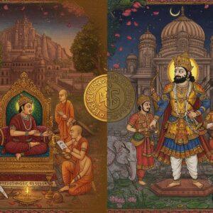 A majestic split-screen composition showing two grand Indian royal courts in intricate Madhubani-inspired art style. On the left, the Pala court features King Dharmapala seated on an ornate bronze throne, wearing rich maroon and gold robes, surrounded by Buddhist monks in saffron robes studying palm-leaf manuscripts. The backdrop shows the famous Nalanda University with its towering spires. On the right, the Sena court shows King Ballala Sena in elaborate armor and crown, draped in royal blue and gold, surrounded by Sanskrit scholars and warriors. Behind him stands a grand Shiva temple with detailed stone carvings. The center dividing line features an artistic amalgamation of both dynasties' coins, showing their respective emblems - the Pala's dharma wheel and the Sena's bow and arrow. The scene is illuminated by warm golden light with floating lotus petals, creating a dreamy atmosphere. Intricate patterns of peacocks, elephants, and traditional Bengali motifs frame the entire composition. The art style combines traditional Indian miniature painting techniques with modern digital art elements, featuring rich jewel tones of deep blue, gold, maroon, and emerald green.