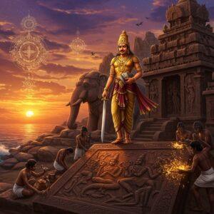 A majestic scene depicting a Pallava king in ornate golden armor and crown, standing proudly atop the Shore Temple at Mahabalipuram during sunset. The temple's intricate architecture features detailed stone carvings and sculptures in traditional Dravidian style. The king holds a gleaming sword in one hand and ancient palm leaf manuscripts in another. Behind him, massive stone elephants come alive, emerging from their rock-cut caves. The scene is illuminated by warm orange and purple hues of the setting sun, reflecting off the Bay of Bengal. In the foreground, skilled artisans are sculpting the famous Arjuna's Penance panel, their tools creating sparks that glow like stars. The atmosphere combines both grandeur and artistry, with floating mandalas and sacred geometric patterns in gold overlay. The style merges hyperrealistic architectural details with ethereal lighting and traditional Pattachitra art elements. Intricate patterns of waves, clouds, and divine beings are woven throughout in peacock blue and deep maroon. The scene is framed by blooming lotus flowers and temple spires that seem to touch the mystical sky.