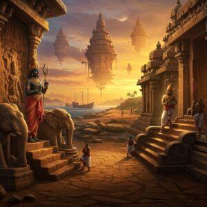 A majestic scene depicting the grandeur of Mamallapuram Shore Temple at sunset, bathed in golden light, with intricate Pallava-style stone carvings and bas-reliefs in the foreground. A regal Pallava king, wearing traditional royal attire with gold ornaments and crown, stands atop the temple steps. He's flanked by two ornately carved stone elephants. The scene includes detailed architectural elements like mandapas and rathas characteristic of Pallava architecture. The background shows ships arriving at the port, symbolizing maritime trade. The sky features a mystical blend of deep orange and purple hues, with intricate Pallava-era patterns floating like celestial formations. The scene is rendered in a style merging traditional Indian Pattachitra art with modern digital aesthetics, using rich colors like deep gold, royal blue, and burgundy. Ethereal light streams through the temple's corridors, creating a dramatic interplay of light and shadow on the carved walls. In the distant background, artists and sculptors can be seen working on massive rock-cut monuments, representing the dynasty's architectural legacy. Art style is hyper-detailed digital illustration with magical realism elements.