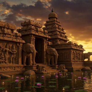 A majestic scene depicting a grand Pallava-era Shore Temple at Mahabalipuram during golden hour, with intricate Tamil-Grantha inscriptions carved on stone walls illuminated by warm sunlight. In the foreground, two detailed stone elephants guard the entrance, adorned with classical Pallava-style decorative patterns. The temple structure rises against a dramatic sky with swirling clouds in deep oranges and purples, creating a mystical atmosphere. Surrounding the temple are blooming lotus ponds with floating diyas, their reflections creating magical patterns in the water. The scene includes finely detailed relief sculptures showing dancers and musicians in traditional Pallava-era costumes, their movements frozen in stone. The architectural elements feature the distinctive Pallava style with stepped pyramidal structures and intricate stone carvings of deities. The color palette focuses on rich earth tones, warm sandstone colors, and deep blues of the ocean visible in the background. The overall composition combines photorealistic textures with ethereal lighting and subtle mandala patterns in the sky, creating a bridge between ancient grandeur and modern aesthetic sensibilities. Cinematic angle, hyper-detailed, soft volumetric lighting, 8k resolution.