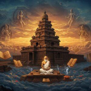 A majestic scene depicting the Mahabalipuram Shore Temple at sunset, rendered in rich gold and deep blue hues, emerging from swirling clouds. The temple's intricate Pallava architecture is highlighted with precise details, showing the iconic pyramidal structures and sculpted panels. In the foreground, a ethereal, translucent ancient Indian scholar in traditional white dhoti sits cross-legged on an ornate stone platform, surrounded by floating, glowing palm-leaf manuscripts and copper plates with Pallava Grantha script. Behind him, phantom-like images show scenes from Pallava achievements - graceful Bharatanatyam dancers, skilled artisans carving the Arjuna's Penance relief, and maritime traders at ancient Mamallapuram port. The entire scene is framed by intricate Pallava-style mandala patterns and motifs in luminescent gold. The lighting is mystical with soft divine rays filtering through the clouds, creating a surreal atmosphere. The art style combines traditional Indian Pattachitra techniques with modern digital art, featuring rich textures and a color palette of royal blue, burnished gold, deep maroon, and touches of turquoise. Small details like drops of water, floating lotus petals, and swirling incense smoke add layers of depth and movement.