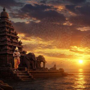 A majestic scene depicting the Shore Temple of Mahabalipuram at sunset, bathed in golden light, with intricate Pallava-era architectural details clearly visible. In the foreground, a regal Pallava king (wearing traditional crown, gold jewelry, and silk dhoti) stands proudly on ornate stone steps. Behind him, carved stone elephants and lions emerge from the temple walls in the Pallava architectural style. The sky features a dramatic mix of deep oranges and purples, with stylized clouds in Madhubani art pattern. The ocean waves below reflect the golden light, creating a mystical atmosphere. Multiple layers of mandala patterns float ethereally in the air, incorporating Pallava-era motifs and symbols. The scene includes delicate stone sculptures transitioning from rough stone to finished art, symbolizing the dynasty's artistic legacy. The lighting emphasizes the grandeur of Pallava architecture, with soft glowing highlights on the temple spires. Art style combines hyperrealistic architectural details with elements of traditional Indian art, creating a surreal, cinematic quality. The scene should have a sense of timeless regality and cultural richness.