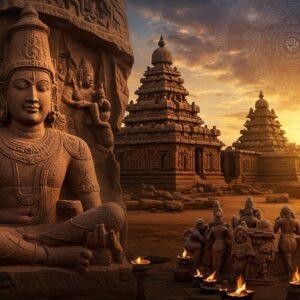 A majestic scene featuring the iconic Shore Temple of Mahabalipuram at sunset, its intricate Dravidian architecture detailed in warm golden light. In the foreground, a lifelike stone sculpture of a Pallava king wearing royal regalia and crown comes alive, emerging from carved granite. The king holds a scroll representing administration in one hand and a lotus representing spirituality in another. Behind him, master sculptors are shown mid-work, carving the famous Arjuna's Penance relief panel with incredible detail. The scene is adorned with traditional Pallava-era motifs - makara creatures, lotus patterns, and divine figures in classical dance poses. A softly glowing mandala frames the entire composition, incorporating elements of Buddhist, Hindu, and Jain symbolism the Pallavas supported. The color palette features rich earthy browns of granite, golden sunset hues, deep royal purples, and touches of sea blue from the Bay of Bengal. The art style merges hyperrealistic architectural details with ethereal lighting and mystical elements, creating a cinematic quality. Multiple layers of depth show various aspects - architecture, sculpture, administration, and religious harmony - all flowing together in a harmonious composition, digital art style, magical realism, volumetric lighting, detailed textures, architectural precision, 4k resolution