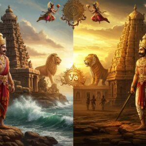 A grand, cinematic split composition showing two majestic South Indian kings facing each other - on the left, a Pallava ruler in pearl-adorned crown and silk robes standing before the shore temple of Mahabalipuram with intricate stone carvings, waves crashing against the rocks; on the right, a Chola emperor in gold-embellished regalia before the massive Brihadeeswara Temple at Thanjavur. The center features a dramatic meeting point where Pallava's stone craftsmanship morphs into Chola's bronze artistry. In the background, Pallava's lion emblem and Chola's tiger emblem face each other in a cosmic dance. The scene is illuminated by warm golden sunlight casting long shadows, with detailed period-accurate architecture, weapons, and jewelry. Flying celestial apsaras adorned in traditional dance poses frame the top of the image. Art style combines hyperrealistic digital painting with classical Indian temple art motifs, rich jewel tones of deep red, royal blue, and burnished gold. Ethereal wisps of incense smoke add atmosphere while maintaining historical accuracy of both dynasties.