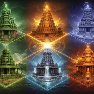 A mystical panoramic scene showcasing five ancient South Indian temples arranged in a sacred geometric mandala pattern, each temple radiating its elemental essence: Ekambareswarar (Earth) temple in emerald green with intricate stone carvings and flowering mango trees, Jambukeswarar (Water) temple surrounded by crystal-clear sacred pools with lotus flowers and flowing waterfalls, Arunachaleswarar (Fire) temple glowing with golden-orange light and ethereal flames, Kalahasti (Air) temple with swirling wind patterns and floating prayer flags, and Chidambaram (Space) temple bathed in deep cosmic blue with sparkling stars. The temples connected by luminous energy lines forming a yantra pattern. The scene features traditional Dravidian architecture with ornate gopurams, detailed with gold accents and floating diyas. Atmospheric effects show each element - earth particles, water droplets, flame wisps, air currents, and ethereal space energy - merging at the center. Art style combines photorealistic textures with ethereal Indian traditional art elements, soft glowing highlights, and rich jewel tones. The lighting creates a divine atmosphere with god rays and subtle mist.