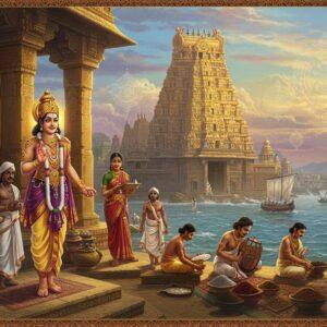 A majestic panoramic scene of ancient Madurai, with the golden-spired Meenakshi Temple rising prominently in the background, its architecture detailed with intricate Tamil-Dravidian designs. In the foreground, a regal Pandyan king (wearing traditional Tamil royal attire with gold ornaments, pearl necklaces, and a distinctive double-fish emblem crown) stands on an elevated platform. He's surrounded by scholars holding palm leaf manuscripts, artists crafting bronze sculptures, and traders showcasing precious pearls and spices. The scene includes a massive fleet of ships in a distant harbor, symbolizing maritime trade. The artwork combines Pattachitra-style border patterns with photorealistic central figures. Rich colors dominate - deep blues of the ocean, gold of the temple spires, and royal purples of the king's attire. Ethereal light streams through temple windows, creating a mystical atmosphere. Intricate Tamil motifs and patterns float in the air like translucent mandalas. The scene is rendered in a harmonious blend of traditional South Indian artistic elements and modern digital art techniques, with careful attention to historical accuracy in clothing, architecture, and artifacts.