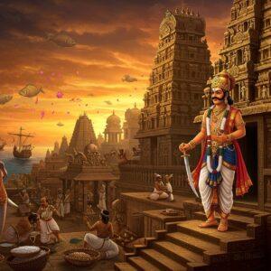 A majestic ancient Indian palace complex in Madurai style architecture, with towering gopurams adorned with intricate gold-plated sculptures, rising against a dramatic sunset sky in deep oranges and purples. In the foreground, a powerful Pandyan king stands regally on ornate palace steps, wearing a golden crown with fish emblem, rich silk robes in royal blue and gold, and elaborate jewelry. He holds a pearl-studded sword and ancient Tamil scrolls. The scene is flanked by two majestic elephants with ceremonial decorations in gold and red. The background shows Naval ships in the distant ocean, symbolizing maritime trade, while the middle ground features craftsmen working with pearls and artisans creating intricate temple sculptures. The overall composition follows Pattachitra art style with modern digital enhancement, featuring detailed patterns, rich jewel tones, and cultural motifs. Soft golden light illuminates the scene, creating an ethereal atmosphere with floating lotus petals and subtle mandala patterns in the sky. The architecture shows influences of both Dravidian and Southeast Asian styles, reflecting the dynasty's extensive trade networks. Intricate details include fish symbols, Tamil Brahmi inscriptions, and period-accurate clothing and jewelry designs.