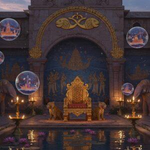 A majestic Indian palace courtyard at dusk, featuring a grand stone archway adorned with the iconic double fish emblem of the Pandya Dynasty carved in gold. The arch is flanked by two life-sized stone elephants with ornate decorations. In the foreground, a richly detailed golden throne with tiger motifs and pearl decorations, characteristic of Pandyan royalty. Behind the throne, intricate Madhubani-style wall paintings depicting naval scenes and temple architecture in deep indigo and gold. Floating crystalline spheres containing miniature representations of Pandyan achievements: pearl fishing, temple architecture, and maritime trade in a surreal, ethereal style. The scene is illuminated by traditional brass oil lamps casting a warm, mystical glow. Sacred lotus flowers float in a decorative pool reflecting the architecture. The color palette focuses on royal purple, deep ocean blue, burnished gold, and pearl white. The overall composition blends traditional Dravidian architecture with modern digital art techniques, creating a seamless fusion of ancient and contemporary aesthetics. Soft particle effects and light rays enhance the magical atmosphere.