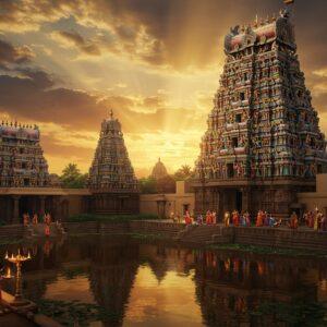 A majestic aerial view of Meenakshi Amman Temple at sunrise, with its towering gopurams decorated in thousands of intricately carved, colorful sculptures against a dramatic sky filled with golden-orange clouds. The temple's reflection shimmers in a serene lotus pond in the foreground. The scene features mystical elements with ethereal light rays piercing through the clouds, illuminating the ancient stone architecture. Multiple ornate mandapams with their detailed pillars are visible, showcasing the signature Pandyan architectural style with layered pyramidal structures. The foreground includes traditionally dressed Indian devotees in rich silk garments offering prayers with oil lamps, creating a warm glow. Detailed Dravidian architectural elements like yalis (mythical lion creatures), dancing figures, and geometric patterns are highlighted with golden accents. The composition incorporates both Madhubani-style decorative patterns in the sky and modern digital art techniques in the lighting and atmosphere. The color palette features deep burgundy, gold, terracotta, and peacock blue, with selective areas illuminated by divine light beams. Hyperrealistic rendering with cinematic lighting and atmospheric depth.