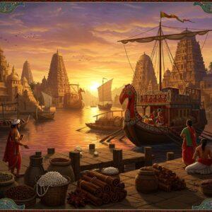 A majestic ancient Indian port city at sunset, featuring ornate Dravidian architecture with towering gopurams decorated in gold and deep maroon. In the foreground, a detailed merchant ship with traditional Tamil design, its hull adorned with intricate Pandyan fish emblems and loaded with pearls, spices, and textiles. Indian merchants in rich silk clothing negotiate trades on the bustling dock, surrounded by stacks of merchandise - cinnamon rolls, pepper sacks, and gleaming pearl collections. The harbor shows multiple ships from various cultures - Arab dhows, Chinese junks, and Roman vessels, indicating international trade. Ethereal golden light bathes the scene, creating dramatic reflections on the calm waters. The background features palatial structures with typical South Indian architecture, their spires touching the warm orange-purple sky. Elaborate Madhubani-style patterns frame the scene, incorporating maritime motifs like waves, fish, and conch shells in peacock blue and gold. The artwork style combines hyperrealistic historical details with surreal lighting and traditional Indian art elements, emphasizing both the grandeur and spiritual aspects of the Pandyan era.
