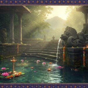 A serene mountain stream cascading down ancient stone steps at dawn, with ethereal golden light filtering through misty forest canopy. Crystal-clear water flows from an ornately carved stone makara (mythical water creature) spout, decorated with traditional Kerala temple architecture patterns. In the background, the majestic Western Ghats mountains emerge through morning mist. The scene features floating lotus flowers and diyas with soft glowing flames on the water's surface. Intricate Madhubani-style borders frame the water, featuring sacred symbols and peacock motifs in deep indigo and gold. The water reflects subtle rainbow hues, with floating marigold and jasmine flowers. Ancient stone pillars covered in moss flank the stream, adorned with traditional Kerala-style stone carvings of celestial beings. The atmosphere is mystical with swirling patterns of morning mist, small streams of sunlight creating natural spotlights on the holy water. The color palette combines deep forest greens, golden morning light, crystal blue water, and warm stone textures. Style: photorealistic digital art with elements of traditional Indian art, emphasizing the mystical and sacred nature of the location