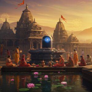 A majestic ancient stone temple complex in Maharashtra style architecture, with intricate carvings and multiple spires, glowing in golden morning light. The main shrine features a detailed black stone Jyotirlinga emanating ethereal blue energy. In the foreground, a serene water reflection pool with floating lotus flowers in pink and white. Traditional Maharashtrian devotees in colorful attire (women in nauvari sarees, men in dhoti kurta) performing puja rituals. The scene is adorned with traditional brass temple bells, smoking incense, and floating diyas. Mandala patterns and sacred geometric designs float in the air like golden specks. The background shows misty mountains with sunrise colors of saffron and deep purple. Art style combines hyperrealistic digital painting with traditional Pattachitra elements, featuring rich textures, ornate details, and a mystical atmosphere. Dramatic lighting emphasizes the spiritual ambiance with soft glows and lens flares.
