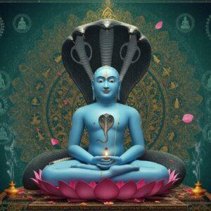 A serene portrait of Lord Parshvanatha in meditation pose, seated on a lotus throne, with a seven-hooded cobra forming a protective canopy above his head. His body is depicted in sky-blue color, showing a peaceful expression with half-closed eyes. A detailed snake emblem adorns his chest. The background features an intricate Madhubani-style mandala in gold and deep blue, with miniature scenes from his life story embedded within its patterns. Floating ethereal lotus flowers and subtle spiritual symbols surround him. The lighting creates a divine glow around his form, with soft rays of light filtering through the cobra hood. The scene includes delicate falling flower petals and wisps of sacred incense smoke. The art style combines traditional Jain iconography with modern digital aesthetics, using a color palette of celestial blues, royal golds, and deep emeralds. Multiple translucent serpents in various sacred poses appear in the background, creating a mystical atmosphere. The entire composition is framed by intricate geometric patterns inspired by Jain temple architecture.