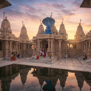 A majestic ancient Jain temple complex with soaring spires and intricate marble architecture, dedicated to Lord Parshvanatha who appears as a serene blue-complexioned figure with a seven-hooded cobra umbrella above his head. The temple features elaborate carved pillars with dancing apsaras and mythical creatures in Madhubani art style. The central shrine shows Parshvanatha in padmasana pose with his symbolic blue serpent coiled protectively. Golden morning light streams through ornate jali windows creating dramatic shadows across the temple courtyard where devotees in traditional white clothing offer prayers. The foreground shows a reflective pool with floating lotus flowers mirroring the temple's grandeur. The scene incorporates delicate geometric patterns and mandalas in peacock blue and gold. Aerial perspective showing multiple shikhara towers rising into a mystical dawn sky with soft pastel clouds. Intricate stone carvings on the temple walls tell stories from Parshvanatha's life in a modern digital art fusion with traditional Pattachitra style. The overall mood is serene and spiritual with ethereal lighting effects highlighting the ancient architectural details.