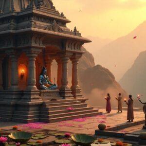 A majestic ancient Shiva temple complex in traditional North Indian architecture style, illuminated by golden morning sunlight. Lord Shiva as Pashupati sits in meditation pose, four-armed, holding trishul, damru, lotus, and blessing mudra, adorned with serpents, crescent moon, and flowing matted hair. The temple features intricate stone carvings with peacock blue and saffron accents, surrounded by blooming lotus ponds. The foreground shows devoted pilgrims in traditional Indian attire performing puja with brass lamps. Ornate mandala patterns float ethereally in the air, merging traditional Madhubani art elements with modern digital aesthetics. Sacred Nandi bull in polished black stone guards the entrance. Background showcases mystical Himalayan peaks with soft pastel sunrise colors. The scene is enhanced with subtle glowing auras, floating flower petals, and thin trails of incense smoke creating a dreamlike atmosphere. Style: photorealistic digital art with emphasis on architectural details and spiritual ambiance, cinematic lighting with warm golden hour glow, deep rich colors.