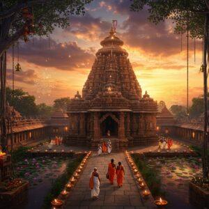 A majestic aerial view of Patali Srikhetra temple complex at golden hour, rendered in rich Pattachitra art style with modern digital elements. The ancient stone temple architecture features intricate carvings and traditional Odishan temple spires, surrounded by blooming lotus ponds. In the foreground, a group of pilgrims in traditional Indian attire (kurtas, dhotis, and sarees in saffron and white) walk along a stone-paved path lined with ceremonial oil lamps. The sky features ethereal clouds in deep orange and purple hues, with rays of divine light breaking through. Surrounding the temple are sacred banyan trees with hanging roots, decorated with red cloth and bells. Subtle mandala patterns float in the air, giving a mystical atmosphere. The scene includes detailed architectural elements like the temple's distinctive sikhara (spire), carved panels, and traditional Odishan motifs. The lighting creates a warm, inviting glow, highlighting the spiritual significance of the place. Hyperrealistic digital art style with magical realism elements.