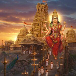 A majestic golden temple complex atop Indrakeeladri Hill during sunrise, with the main spire adorned with intricate South Indian temple architecture in Dravidian style. The powerful Goddess Kanaka Durga in her eight-armed form, radiating divine golden light, wearing a bright red silk saree with gold border, seated on a lotus throne. She holds weapons - trishul, sword, chakra, conch, while other hands show mudras of protection and blessing. A stream of devotees in traditional attire climbing the illuminated temple steps, carrying lotus flowers and coconuts. The scene features mystical elements like floating diyas, translucent mandalas, and ethereal mist. The composition includes sacred elements like peacocks, lotus ponds, and temple bells. Art style combines hyperrealistic architectural details with ethereal lighting and Madhubani-inspired decorative patterns. The color palette focuses on gold, deep maroon, saffron, and celestial blues. The overall atmosphere conveys divine grace, devotion, and spiritual awakening.