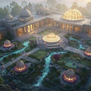 A serene aerial view of a traditional Indian ashram nestled in the Himalayas, with modern minimalist architecture blending harmoniously with ancient design elements. The central courtyard features a large, illuminated meditation hall with sacred geometry patterns and a crystalline dome reflecting golden sunrise light. Multiple peaceful garden spaces with blooming lotus ponds, walking paths lined with prayer flags, and meditation pods scattered throughout. Indian yogis in flowing white robes practicing meditation in various spaces. The scene is rendered in a sophisticated color palette of morning mist grays, spiritual purples, and warm golds. Soft ethereal light streams through trees, creating a mystical atmosphere. Small streams and waterfalls integrate with the landscape, their flowing waters rendered in translucent turquoise. Intricate Madhubani-style patterns decorate the building facades, while modern glass elements reflect the surrounding nature. The entire scene is composed with perfect symmetry, photographed from a 45-degree angle to show both the architecture and landscape details, rendered in high-end architectural visualization style with photorealistic textures and atmospheric lighting.