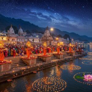 An aerial view of Har Ki Pauri ghat at dusk, with hundreds of glowing diyas floating on the sacred Ganges River creating intricate patterns of golden light. The ancient stone steps of the ghat are illuminated by warm amber lanterns, with detailed Madhubani-style patterns etched on the walls. Seven priests in saffron robes perform the grand Ganga Aarti ceremony on elevated platforms, holding large brass lamps with peacock motifs. Devotees in colorful traditional attire gather on the steps, creating a vibrant tapestry of colors. The background features the majestic Himalayan foothills in deep blue silhouette, with the temple spires of Haridwar rising against a twilight sky filled with swirling cosmos-inspired patterns in deep indigo and gold. Sacred lotus flowers float near the ghats, each with a soft ethereal glow. Intricate mandalas appear as subtle overlays in the sky, rendered in luminescent gold lines. The scene captures both the spiritual energy and architectural grandeur of the location, with a photorealistic base enhanced by mystical Indian artistic elements.