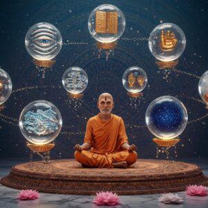 A serene Indian scholar in copper-colored dhoti seated in padmasana on an ornate marble platform, surrounded by six ethereal, floating crystalline spheres representing different Pramanas. Each sphere contains distinct symbols: a golden eye (Pratyaksha), silver rippling waves (Anumana), ancient Sanskrit manuscripts (Shabda), two hands comparing objects (Upamana), floating geometric patterns (Arthapatti), and a void with stars (Anupalabdhi). The background features a massive, intricate mandala in deep indigo and gold, with sacred geometry patterns. Soft light emanates from each sphere, casting a mystical glow. Modern minimalist architecture elements blend with traditional Indian motifs. The scholar's expression is deeply contemplative, with a subtle third eye symbolizing inner wisdom. Floating lotus flowers in pastel pink and white add depth. The scene combines Madhubani art patterns with contemporary digital art techniques, using a color palette of deep blues, burnished gold, copper, and soft whites. Ethereal particle effects and light streams connect the spheres, creating a dynamic energy flow. Ultra-detailed, volumetric lighting, cinematic composition, magical realism.