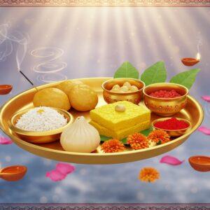 A sacred golden thali (traditional Indian plate) adorned with intricate Madhubani-style patterns, floating ethereally against a dreamy background with soft glowing mandala patterns in pastel blues and pinks. The thali contains various traditional prasad items: pearl-white rice mixed with ghee, golden-brown modaks, vibrant yellow kesari halwa, crimson sindoor, fresh green tulsi leaves, and fragrant marigold flowers. Delicate wisps of incense smoke create spiral patterns in the air, illuminated by divine rays of light streaming from above. Small floating diyas with gentle flames surround the thali, creating a warm, spiritual ambiance. The scene is enhanced with subtle Sanskrit symbols etched in gold, floating lotus petals, and a soft ethereal mist. The composition maintains a symmetrical balance with intricate Pattachitra-style border designs in deep maroon and peacock blue. The lighting is warm and heavenly, with a soft focus effect creating an aura of divinity around the prasad items. Photorealistic 3D rendering with high attention to detail, cinematic lighting, and rich textures.