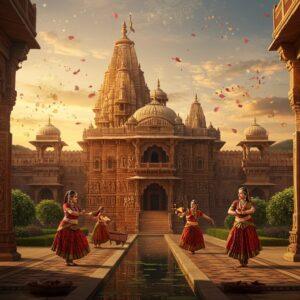 A majestic Indian palace complex in the Pratihara architectural style, featuring ornate sandstone structures with intricate geometric patterns and floral motifs, illuminated by golden sunset light. The central temple showcases the characteristic Nagara-style shikhara tower, adorned with detailed sculptures of deities and celestial beings. In the foreground, elegant Indian dancers in period-accurate 9th-century costumes perform classical dance, their jewelry and fabric catching the light. The scene includes detailed elements of Pratihara art - sculptural panels depicting warriors on horseback, royal court scenes, and religious imagery. The composition is framed by towering carved pillars with bell-shaped capitals and flowing water channels in traditional Pratihara garden design. The atmosphere combines ethereal lighting with floating lotus petals and subtle mandala patterns in the sky. The color palette features rich earthy tones of sandstone red, royal gold, deep burgundy, and peacock blue, rendered in a style merging traditional Madhubani patterns with modern digital art techniques. Intricate geometric patterns and floral motifs are woven throughout the scene in metallic gold accents.