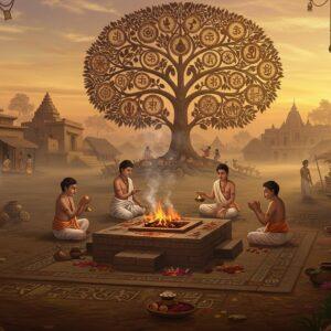 A serene ancient Indian village scene at dawn, with golden sunlight filtering through morning mist. In the foreground, a beautifully detailed stone Vedic fire altar (yagna kund) with sacred fire burning, surrounded by intricate Madhubani-style patterns. Four priests in white dhoti performing rituals with copper vessels and flowers. Behind them, a magnificent tree of life rendered in Pattachitra style, its branches adorned with symbols representing different spiritual traditions - Buddhist wheels, Jain emblems, and Vedic symbols in metallic gold. The background shows mud-brick houses and temples typical of pre-Mauryan architecture, with people engaged in daily spiritual practices. The color palette combines deep maroons, burnt orange, and celestial blues with touches of gold leaf effects. The scene is framed by delicate lotus motifs and geometric patterns inspired by ancient Indian art. Ethereal streams of light and smoke create a mystical atmosphere, while detailed archaeological elements like pottery, beads, and early Brahmi inscriptions add historical authenticity. The lighting emphasizes the spiritual ambiance with a soft, divine glow.