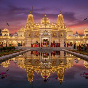 An ethereal evening shot of the magnificent Prem Mandir temple in Vrindavan, glowing in warm golden light with intricate marble architecture detailed in high resolution. The temple's white marble facade adorned with intricate carvings of Krishna's lilas, illuminated by thousands of LED lights creating a magical ambiance. In the foreground, a serene reflection pool mirrors the temple perfectly, with floating lotus flowers and rose petals. The sky features a dramatic sunset with soft purple and orange hues, with peacocks perched on the temple domes. Traditional Rajasthani-style gardens with fountains frame the temple, while devotees in colorful traditional attire are seen in graceful silhouettes. Soft bokeh effects from the temple lights create a dreamy atmosphere. The scene combines modern architectural photography techniques with traditional Indian artistic elements, featuring rich deep colors like gold, saffron, and peacock blue. Photorealistic style with magical realism elements, cinematic lighting, ultra-detailed architecture, shot with a wide-angle lens perspective.