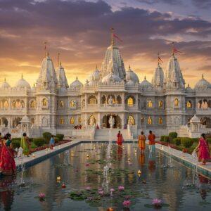 A majestic white marble temple complex of Prem Mandir glowing in golden hour sunlight, intricately carved with traditional Indian architectural details, surrounded by lush gardens with blooming lotus ponds. The temple's domes and spires are illuminated with warm light, creating a divine aura. In the foreground, beautiful fountains with crystal-clear water display choreographed water patterns. Young Indian devotees in traditional attire (women in colorful sarees, men in kurtas) walking through the garden paths. The scene features detailed Rajasthani-style architectural elements with elaborate peacock motifs and Krishna-Radha sculptures in pure white marble. Soft clouds in the background with hints of purple and orange sunset colors. Floating diyas and flower petals in the water bodies add a magical touch. The lighting emphasizes the temple's grandeur with a mix of golden sunlight and subtle artificial illumination. Art style combines photorealistic architecture with ethereal lighting and Madhubani-inspired decorative elements in the gardens and water features. The overall composition suggests both spiritual significance and tourist appeal.