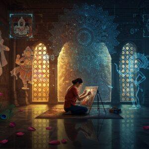 A majestic Indian temple corridor merging into a modern art gallery, illuminated by golden light streaming through ornate latticed windows. In the foreground, a young Indian female art conservator in contemporary clothing delicately restores a traditional Madhubani painting using modern tools, while her reflection in a polished marble floor shows her in ancient Indian artisan attire. The scene transitions from deteriorating ancient murals on the left to vibrant, restored artwork on the right. Floating around her are ethereal, translucent representations of various Indian art forms - a dancing Bharatanatyam figure, intricate Tanjore paintings, and detailed temple sculptures. The background features a massive, glowing mandala pattern intertwined with digital scanning grids and preservation symbols. Scattered lotus petals and peacock feathers frame the scene, with some petals turning into binary code. The lighting is warm and mystical, with focused spotlights on the restoration work. The art style combines hyperrealistic digital rendering with traditional Indian Miniature painting techniques, featuring rich jewel tones of deep blue, gold, and burgundy, with hints of modern metallic effects.