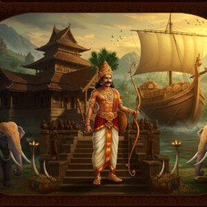 A majestic scene depicting a powerful Chera king in traditional Kerala royal attire (mundu and angavastra with gold borders), standing proudly on the steps of a grand temple-palace complex. He wears the distinctive Chera crown with peacock feathers, heavy gold ornaments, and holds the royal bow (their dynasty symbol). Behind him, a massive wooden ship with spice cargo represents their maritime trade. The architecture features authentic Kerala-style sloped roofs and intricate wooden carvings. The scene includes symbolic elements like pepper vines, ivory tusks, and pearl-laden chests showing their wealth. Two royal elephants adorned with ceremonial decorations stand guard. The lighting is warm golden, creating a mystical atmosphere with rays filtering through coconut palms. The style merges traditional Pattachitra art's detailed ornamentation with modern digital aesthetics, using rich colors like deep maroon, forest green, and gold. Intricate mandala patterns frame the scene, while ethereal glowing elements and subtle magical undertones enhance the historical grandeur. The background shows misty mountains of the Western Ghats with spice plantations, rendered in a dreamy, surreal style.