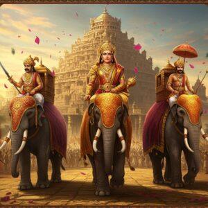 A majestic scene depicting three powerful Kakatiya rulers in traditional royal attire - Rudrama Devi in the center wearing an ornate golden armor and silk saree, flanked by Prataparudra and Ganapati Deva in regal costumes with jeweled crowns. Behind them stands the magnificent Warangal Fort with its intricate stone carvings and concentric circular walls. The rulers are mounted on decorated war elephants adorned with elaborate howdahs and ceremonial cloths in deep maroon and gold. The scene includes symbolic elements of Kakatiya power - the Kakatiya emblem of wild boar in gold, ornate pillars of Thousand Pillar Temple, and ceremonial swords. The lighting is dramatic with warm golden sunlight casting long shadows, while floating lotus petals and peacock feathers add movement. The art style combines Kalamkari patterns with digital fantasy art, using a rich color palette of royal blues, deep crimsons, and burnished gold. The background shows glimpses of temple spires, water tanks, and agricultural prosperity of the era. Intricate Madhubani-style border patterns frame the scene.