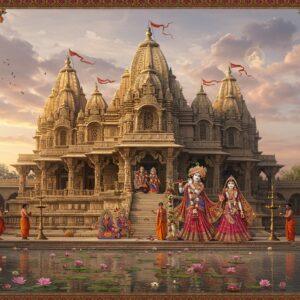 A majestic ancient temple architecture in Gujarat style with ornate spires and intricate stone carvings, illuminated by golden morning sunlight. The main shrine features beautiful deities of Radha and Krishna in traditional poses, adorned with fresh flower garlands and jewels. The foreground shows a serene temple pond with floating lotus flowers and reflection of the temple. Artistic elements include detailed Madhubani-style borders with peacocks and lotus motifs in deep maroon and saffron colors. The sky features ethereal clouds with soft pink and purple hues, with rays of divine light breaking through. Traditional oil lamps create a warm glow, while devotees in colorful Gujarati attire perform aarti. The scene includes intricate mandala patterns in peacock blue and gold in the background, merged with modern digital art effects. The overall composition maintains a balance between historical authenticity and contemporary aesthetic appeal, with a dreamy, spiritual atmosphere enhanced by soft particle effects and subtle golden light rays.