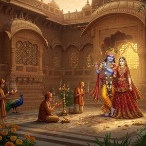 Ancient stone temple with intricate Rajasthani-style carved details, featuring ornate spires and domes in warm sandstone colors, illuminated by golden morning light. In the foreground, a serene courtyard with blooming yellow marigolds and white jasmine flowers. The temple houses beautiful deities of Radha and Krishna in a divine embrace, dressed in rich brocade fabrics with intricate golden embroidery. Soft rays of light filtering through decorative jharokha windows create mystical light patterns on the marble floor. Peaceful devotees in traditional Indian attire offering prayers with brass lamps. The scene includes delicate details of peacocks, sacred Tulsi plants, and traditional rangoli patterns. The atmosphere is enhanced by swirling incense smoke creating ethereal patterns. Art style combines hyperrealistic architectural details with dreamy, spiritual elements, featuring a color palette of deep maroons, saffron, gold, and peacock blue. The lighting is warm and divine, with subtle glowing halos around the deities. Highly detailed digital art with elements of traditional Rajasthani miniature painting style.