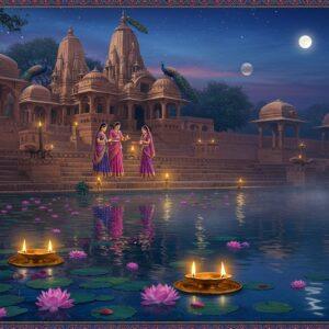 A serene night scene of Radha Kund with moonlight reflecting on its crystal-clear waters, surrounded by ancient stone steps (ghats) adorned with intricate Rajasthani architectural details. In the foreground, two illuminated brass deepams float on lotus leaves. The water surface is scattered with fresh pink lotus flowers and rose petals. On the steps, three young Indian women in traditional Vrindavan-style sarees (in shades of pink, purple, and saffron) are performing aarti with golden thalis. Behind them, ancient sandstone temples with detailed carvings rise against a deep blue-purple sky filled with stars. Soft golden orbs of light hover above the water surface, creating a mystical atmosphere. Peacocks perch on the temple spires. The scene features a harmonious blend of Madhubani and digital art styles, with intricate border patterns featuring Krishna's flute motifs and gopis. The overall color palette emphasizes deep blues, royal purples, and warm golds, with selective use of luminescent effects on the water surface. Atmospheric haze adds depth and mystery to the background.