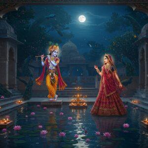 A serene night scene of Radha Kund with moonlit waters reflecting like liquid silver, surrounded by ancient stone steps (ghats) adorned with intricate Rajasthani architectural details. In the foreground, a beautiful sacred pond with floating lotus flowers and traditional brass diyas casting golden reflections. Two ethereal figures of Radha and Krishna in traditional dress, Radha in a rich crimson lehenga with gold embroidery and Krishna in yellow dhoti with peacock crown, are shown as semi-transparent divine forms hovering above the water. The background features blooming kadamba trees with golden flowers, and multiple peacocks with spread feathers in rich jewel tones. Soft orbs of divine light float in the air, creating a mystical atmosphere. The scene is framed by ornate marble archways with traditional Vrindavan-style carvings. The overall color palette includes deep blues, gold, crimson, and emerald green, with a soft ethereal glow throughout. Art style combines traditional Rajasthani miniature painting techniques with modern digital art aesthetics, ultra-detailed, cinematic lighting, volumetric fog, photorealistic textures --ar 16:9