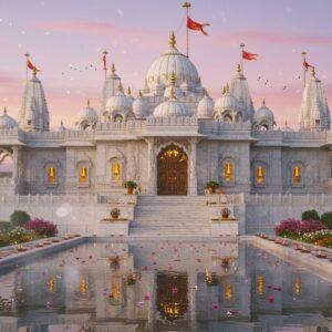 An ethereal view of a stunning white marble temple with ornate spires and golden domes against a soft twilight sky with pink and purple hues. The temple architecture showcases intricate Rajasthani-style carved jharokhas, delicate floral patterns, and geometric designs inlaid with gold. In the foreground, a serene reflection pool mirrors the temple, with floating lotus flowers and rose petals. Soft glowing diyas illuminate the temple steps. The main entrance features elaborate carved doorways with peacock motifs and traditional Rajasthani arches. Subtle rays of golden light emanate from within the temple, suggesting divine presence. Decorative flags with traditional patterns flutter gently. The surrounding garden has blooming jasmine and marigold flowers. The scene is rendered in a fusion of traditional Rajasthani miniature painting style with modern digital art techniques, featuring rich colors like deep maroon, saffron, and peacock blue. Multiple levels of the temple are visible, each with detailed architectural elements including bells, carved pillars, and sculptures. Atmospheric mist adds a mystical quality, with small particles of light dancing in the air.