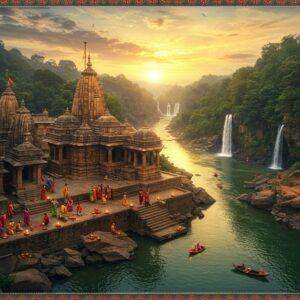 A majestic aerial view of the Rajrappa temple complex nestled against the dramatic confluence of Bhera and Damodar rivers, rendered in rich traditional Indian art style. The ancient stone temple with its distinct Nagara architecture stands prominently, featuring intricate carvings and a soaring shikhara painted in warm golden light of sunset. The surrounding landscape shows cascading waterfalls with mist rising, dense forests in deep emerald greens, and rocky outcrops in earthen tones. Small groups of devotees in colorful traditional attire (sarees in maroon, saffron, and peacock blue) are seen performing rituals near the temple steps. The scene incorporates mystical elements like floating lotus flowers, glowing mandalas in the sky, and ethereal light rays breaking through clouds. Water reflections create mirror-like surfaces with subtle ripples. The composition seamlessly blends Madhubani-style decorative patterns in the sky and borders with photorealistic architectural details. The atmosphere is serene and spiritual with a soft golden haze enveloping the scene, highlighted by diya lamps floating on the river.