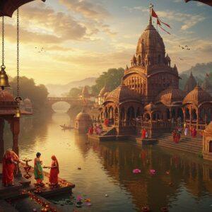 A majestic aerial view of Rajrappa Temple complex set during golden hour, perched dramatically at the confluence of rivers Damodar and Bhairavi. The temple architecture features intricate Nagara style with detailed carved spires in red sandstone. The main shrine glows with warm light, surrounded by smaller temples. In the foreground, a group of devotees in traditional Bengali and Jharkhand attire perform ritual offerings with earthen lamps. Water from both rivers reflects the temple's golden glow, creating mirror-like surfaces. The scene includes floating lotus flowers, diyas, and flower petals in the sacred waters. Misty mountains in the background create depth, while sacred birds like peacocks grace the temple courtyard. The lighting is mystical with sun rays filtering through clouds, creating divine beams. Art style combines hyperrealistic digital art with traditional Pattachitra elements, featuring rich colors of deep maroon, saffron, and gold. Several brass bells hanging from temple arches catch the light, adding to the spiritual atmosphere. The scene captures both the architectural grandeur and the living spiritual tradition.